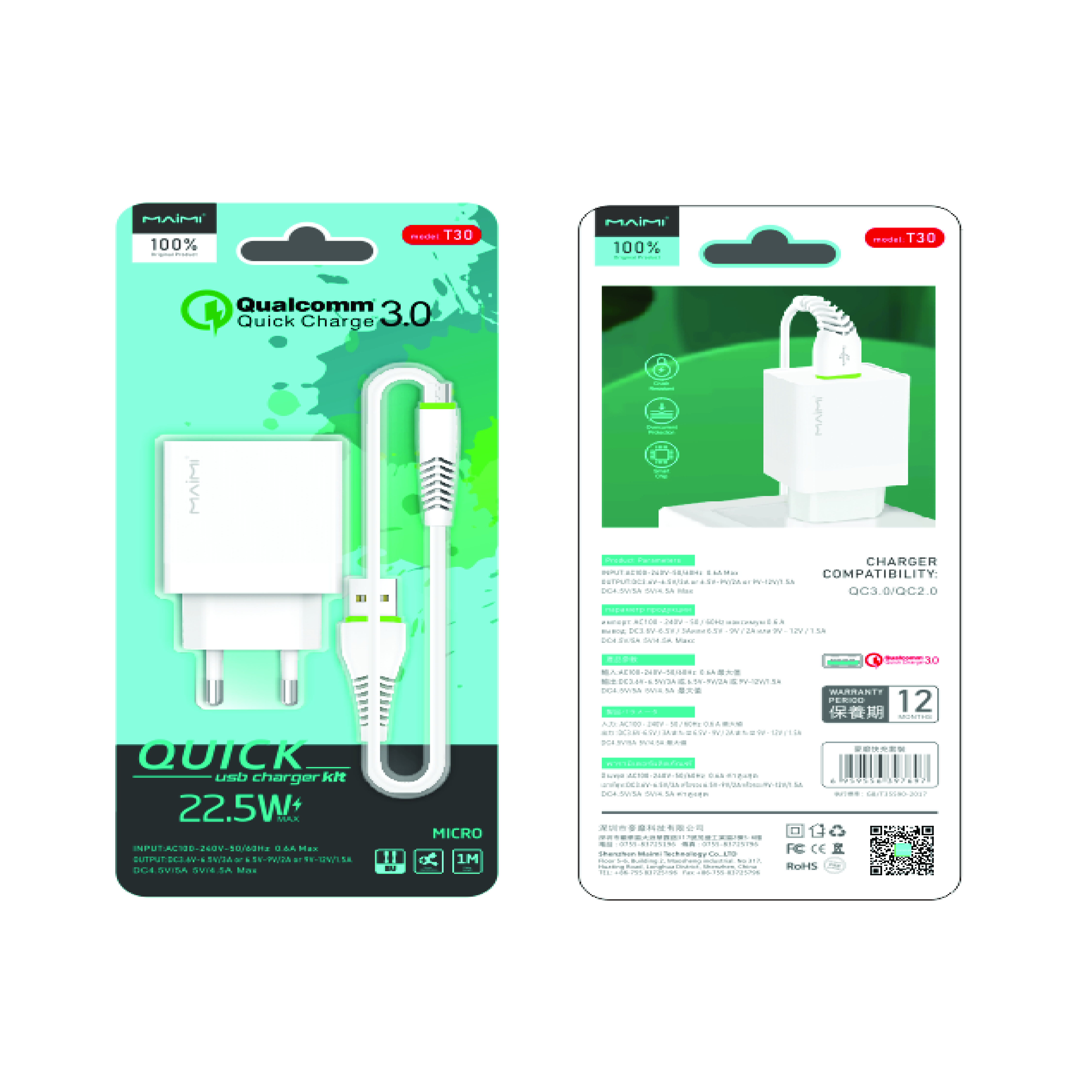 SMARTCHARGER KIT MAIMI-T30-MICRO-22.5W QC 3.0-SINGLE USB-KABEL DATA X29 MICRO-WHITE ORIGINAL